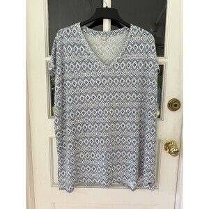 Orvis T-Shirt Women's Sz 2X  Blue White Geometric Stretch Pullover Top V-neck J2